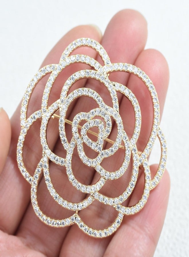 VVCome Sparkling Crystal Cut Rose Flower Pave Crystal Camellia Boutonniere Pin Brooch Corsage Blooming Heart Shaped Floral Jewelry for Women (Large Gold) - Image 4